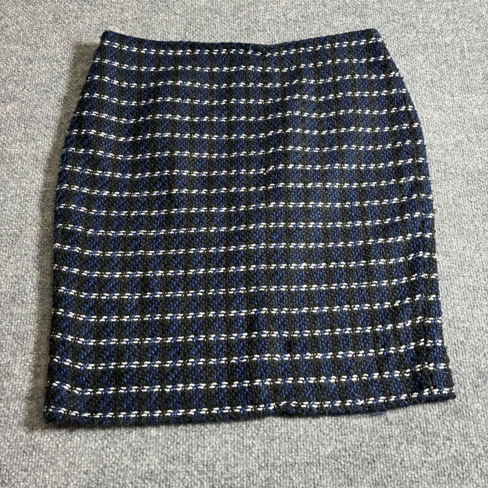 Ann Taylor Factory Tweed Pencil Skirt‎ Womens 10P Petite Blue Black Lined